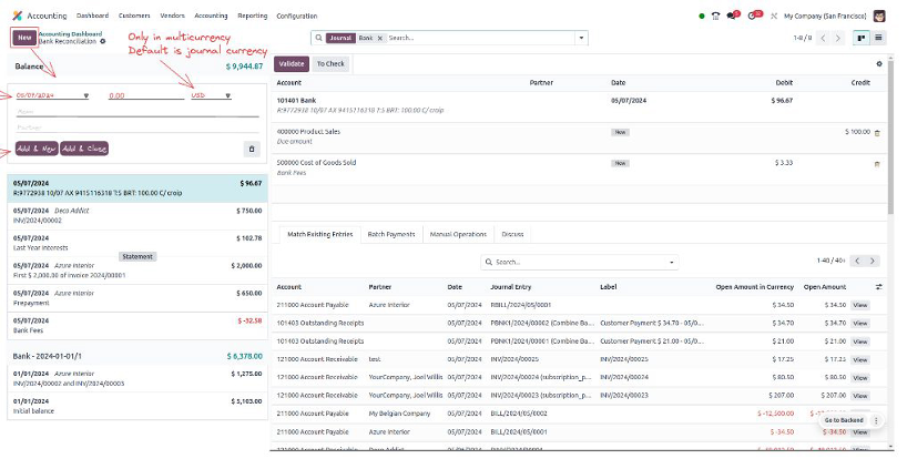 Odoo ERP screenshot showing real-time margin tracking and detailed cost calculation across products, logistics, and operations