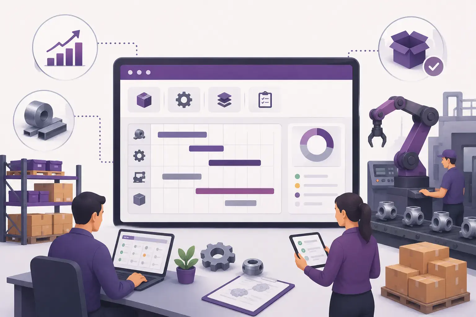 Illustration d’Odoo MRP mettant en avant la planification et le suivi de la production industrielle.