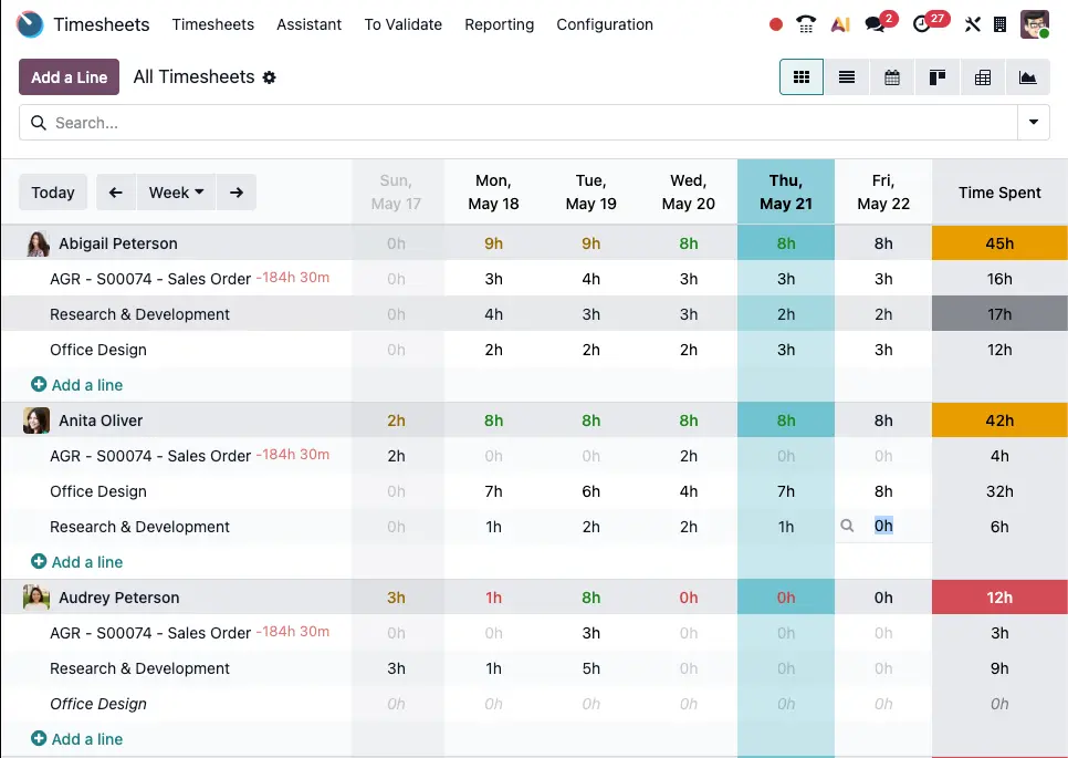 The back-office timesheet dashboard enables accurate tracking of worked hours.