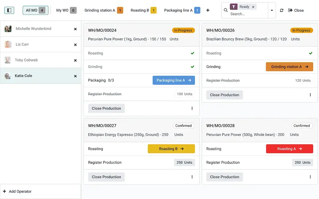 The production planning and Odoo MRP dashboard enable efficient real-time management of manufacturing operations.