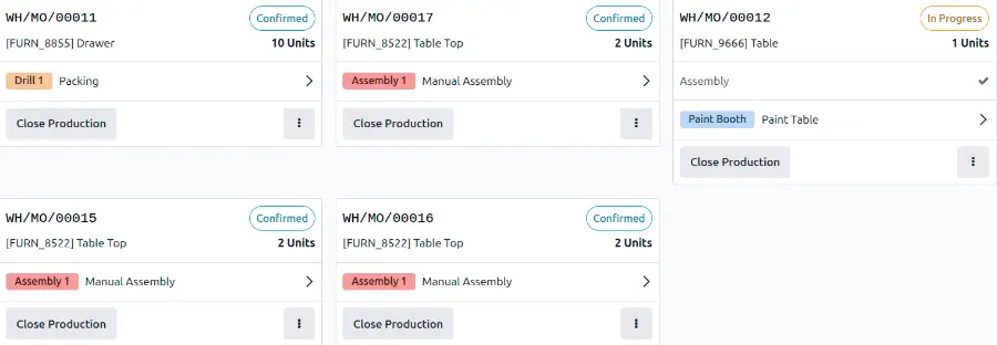 The Odoo Shop Floor dashboard enables real-time tracking of on-site production operations.