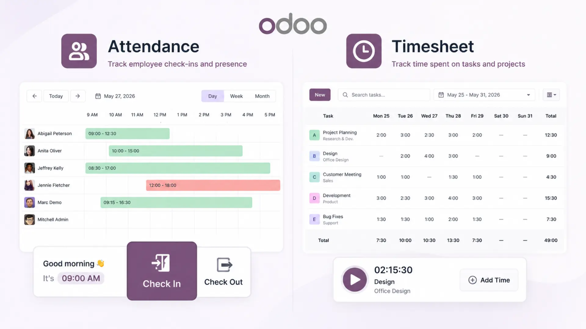 Illustration montrant les feuilles de temps (Timesheet) et les présences (Attendance) dans Odoo pour un suivi précis du temps de travail.