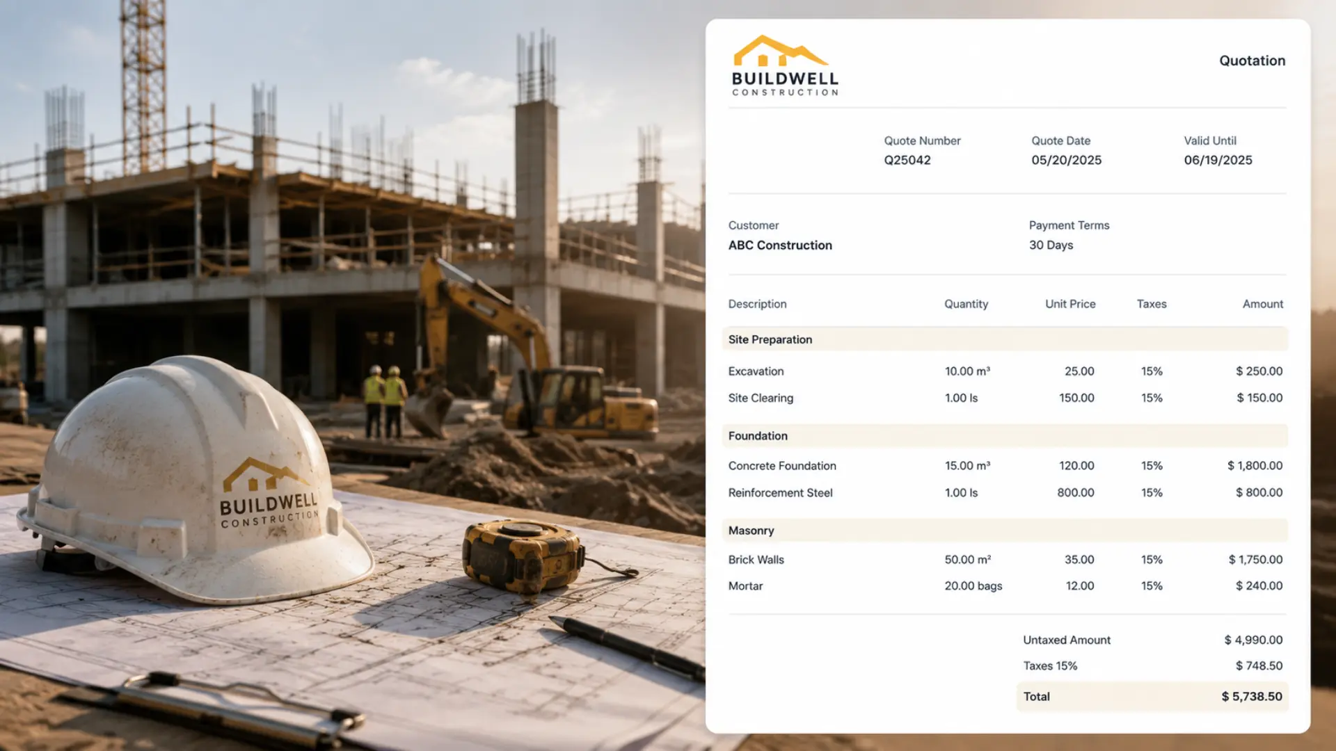 A construction site photo illustrating the presentation of an invoice for tracking completed work.