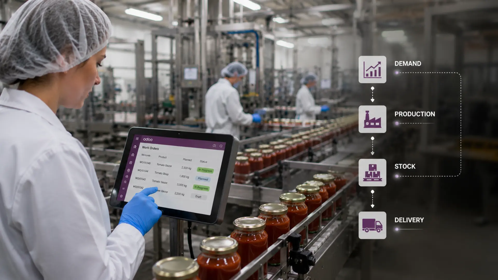 Een tablet waarop Odoo wordt weergegeven maakt de opvolging van productie tot aan de levering van producten mogelijk.