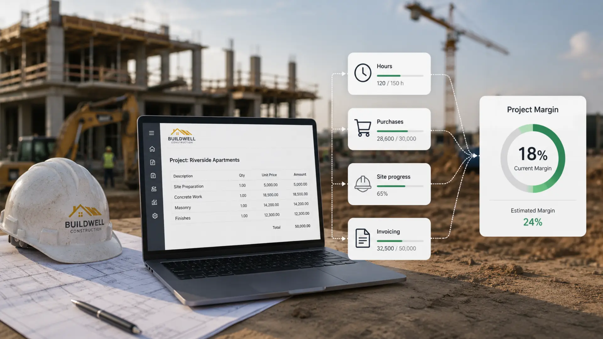 A construction company uses Odoo on its construction sites to efficiently manage projects and resources.